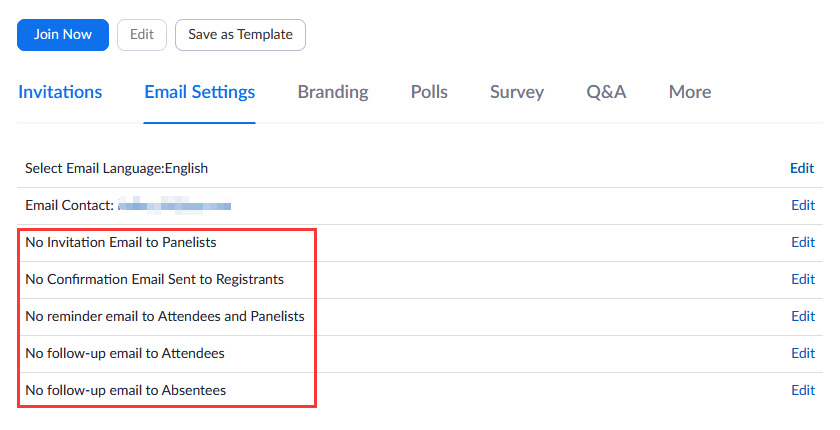 Webinar Settings NoEmail